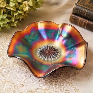 Antique Northwood Amethyst Carnival Glass Poppy Ruffled Bowl Iridescent 7”